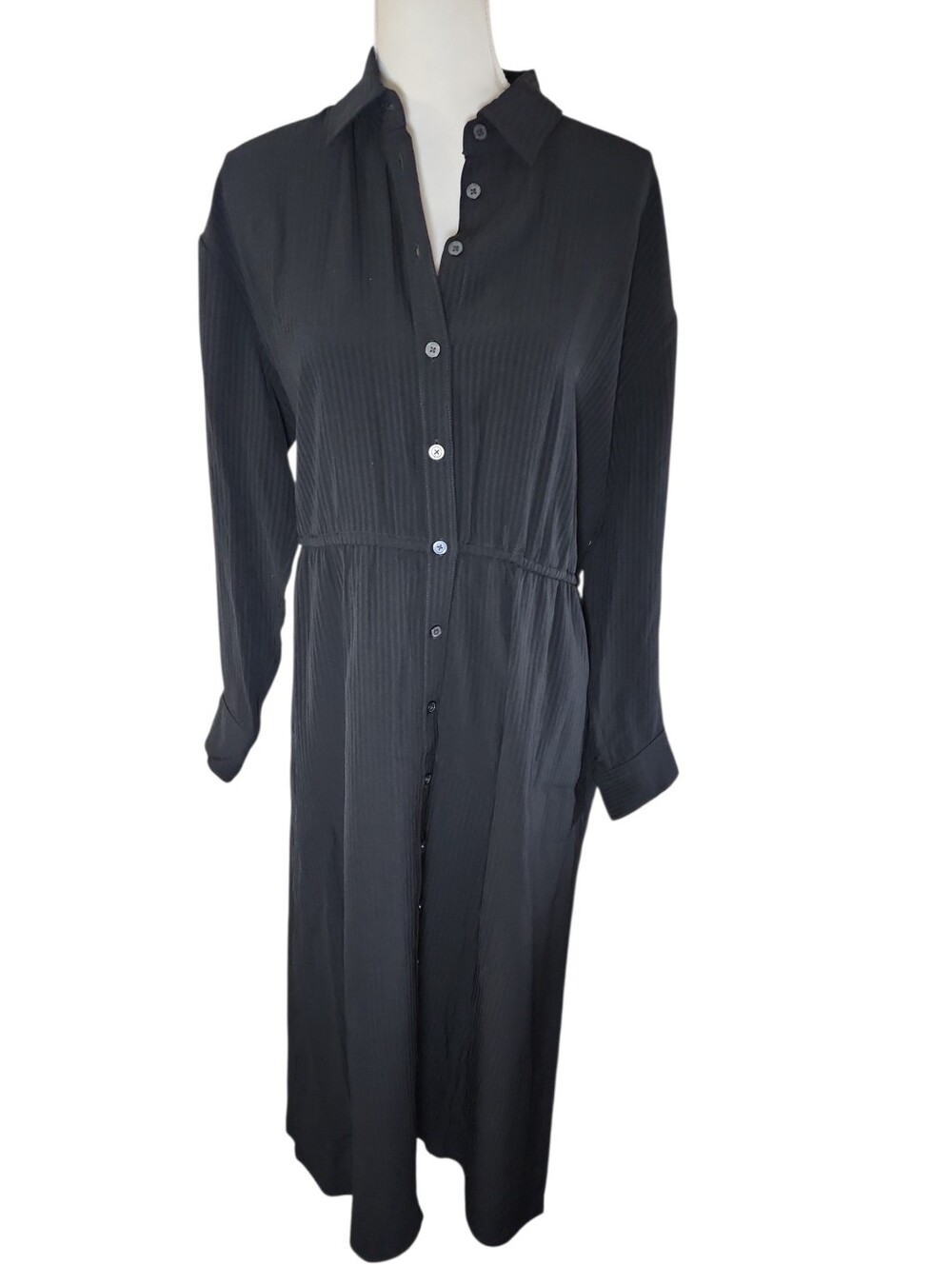 Everlane The Drape Shirt Dress Black Long Sleeve Button Front Midi Size‎ Large